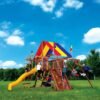 A beautiful sunny day with perfect blue skies overhead a playground set. There are kids swinging and climbing.